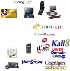 AccuLinQ, Broadvox Direct, AccuDial, Capsule Communications, Cogni-Conference, Cogni-Talk, CogniBox Voice Mail, CogniCall, Calling Card, CogniDial, CognigenMail, Cognigen PC, Cognigen Select Card, Cognigen Switching Technologies, Cognigen-Cellular, CogniPhone, CogniSurf Internet Service, CogniWorld, CogniFast, CogniState, IConnectHere, Dish Network, DomainsWithUs, Extreme Programming, Faxaway, Filtered Internet Service, HostingWithUs, Kall8 Toll Free Service, Kallcents, Liberty Wireless, Low Connect, MCI, Neighborhood, OPEX Communications, PageNet, PowerNet Global, ShopforT1.com, SpeakEasy DSL, Talk America Bundled Service, Talk America Long Distance Service, Tele-Express Calling Card, TollFree ISP, TTI National, Ultra Conference, Unitel Long Distance, USATel Rechargeable Prepaid Calling Card, Warp Speed Hosting, WebBizBuilder, ZeroCents, Z-Tel, Recruiting Banners